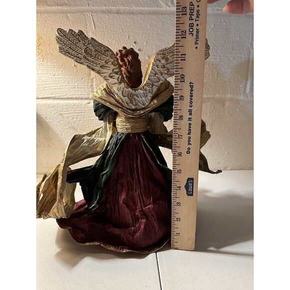 Vintage  Cartapesta Style 12” Gold Burgundy Green Angel Tree Topper Paper Mache - Picture 2 of 6